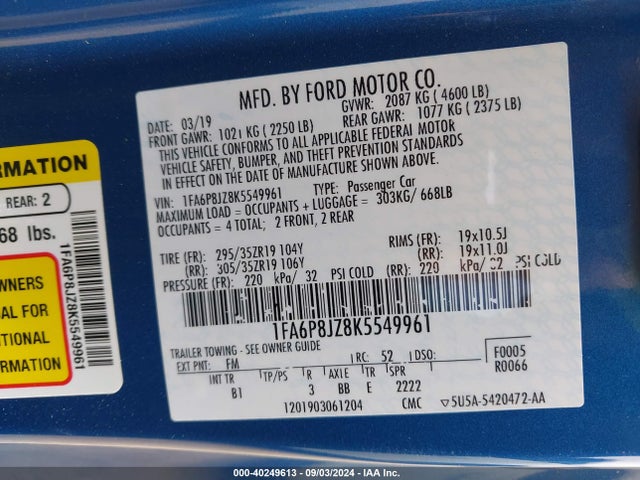 Ford Shelby Gt350 2019 1FA6P8JZ8K5549961 Image 9