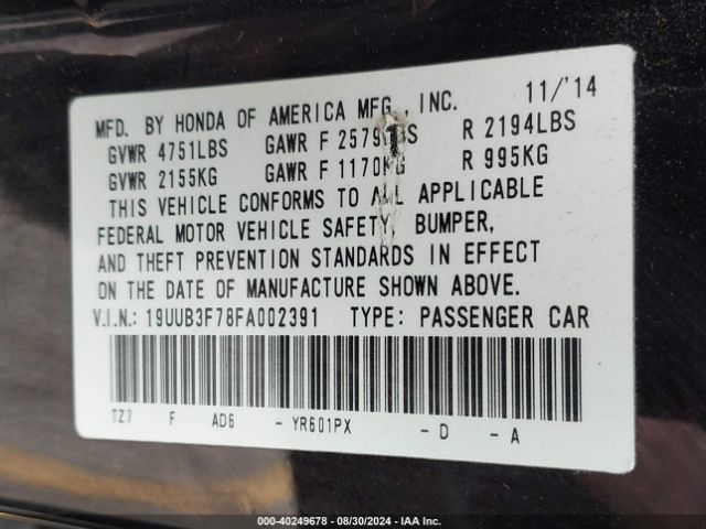 19UUB3F78FA002391 Acura Tlx V6 Advance