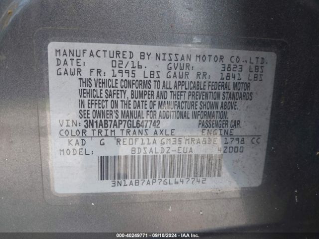 3N1AB7AP7GL647742 Nissan Sentra Fe+ S/s/sl/sr/sv