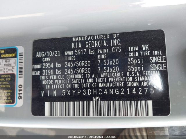 5XYP3DHC4NG214275 KIA Telluride Ex