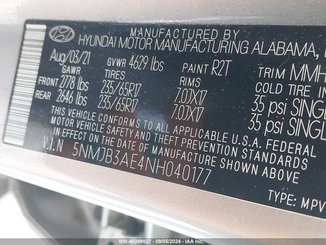 5NMJB3AE4NH040177 Hyundai gdi theta iii