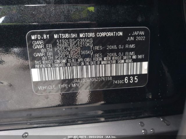 JA4J3UA80NZ076158 Mitsubishi Outlander Black Edition 2wd/se 2.5 2wd/se Launch Edition 2wd