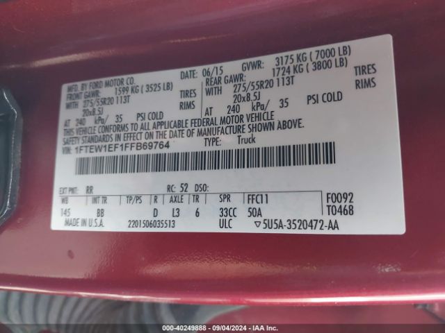 1FTEW1EF1FFB69764 Ford F-150 Platinum