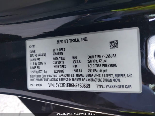 2022 TESLA MODEL 3 5YJ3E1EB6NF130839 Photo 8