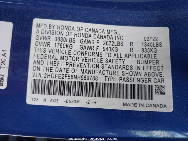 Honda Civic Sport 2022 2HGFE2F58NH569788 Image 9