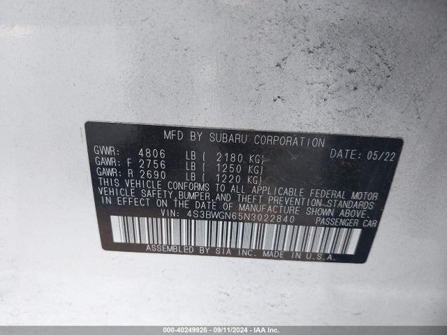 Subaru Legacy Limited Xt 2022 4S3BWGN65N3022840 Image 9