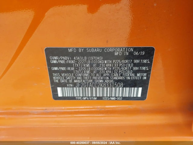 Subaru Crosstrek 2.0i Premium 2019 JF2GTACC2K8331508 Image 9