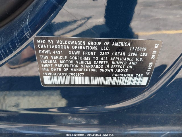 Volkswagen Passat 2.0t Sel 2020 1VWCA7A31LC005977 Image 9