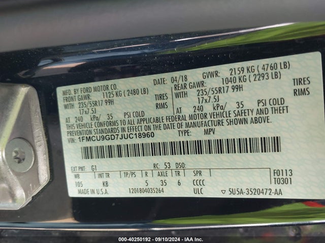 Ford ESCAPE SE 2018 1FMCU9GD7JUC18960 Image 9