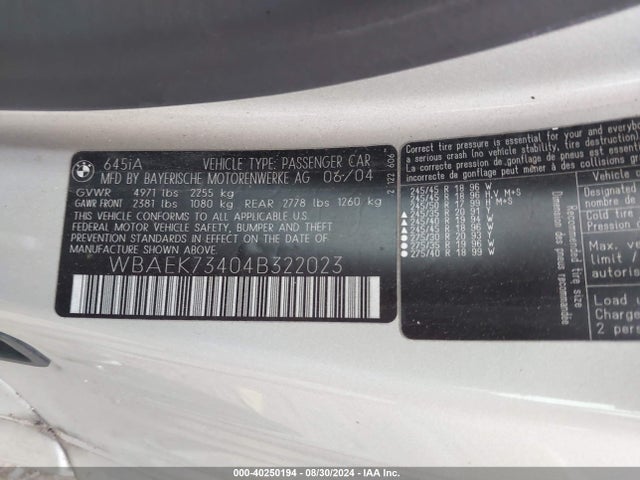 2004 Bmw 645ci მანქანა იყიდება აუქციონზე, vin: WBAEK73404B322023, აუქციონის ნომერი: 40250194