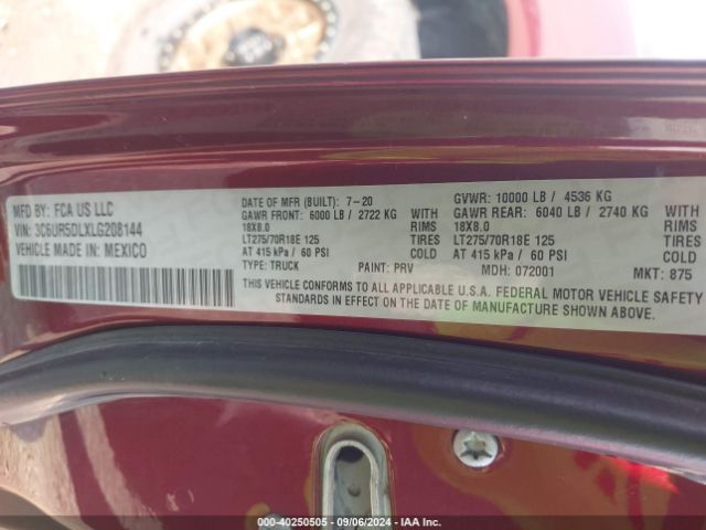 3C6UR5DLXLG208144 RAM 2500 Big Horn  4x4 6'4 Box