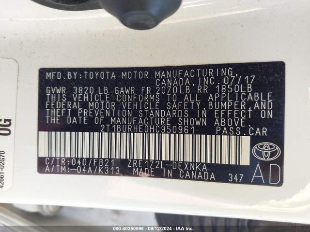 Toyota COROLLA LE 2017 2T1BURHE0HC950961 Image 9
