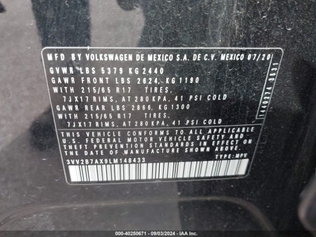 3VV2B7AX9LM148433 Volkswagen Tiguan 2.0t Se/2.0t Se R-line Black/2.0t Sel
