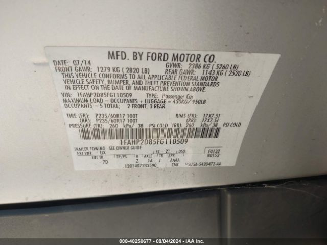 1FAHP2D85FG110509 Ford TAURUS SE