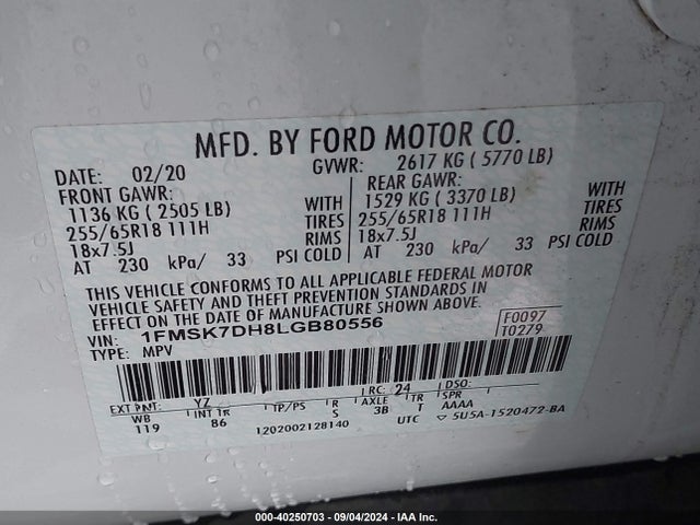 Ford EXPLORER XLT 2020 1FMSK7DH8LGB80556 Image 9