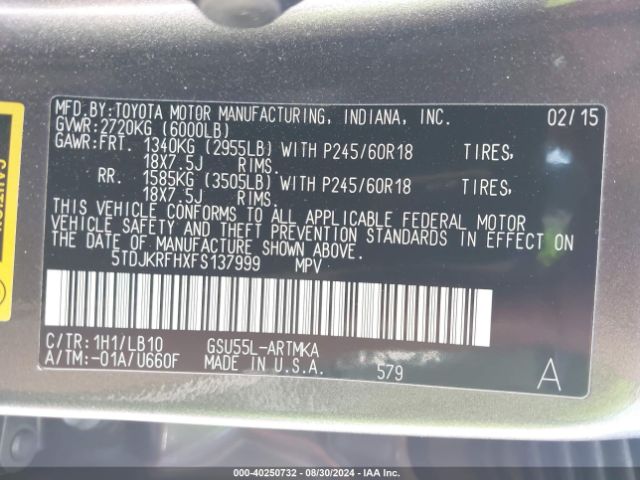 2015 TOYOTA HIGHLANDER 5TDJKRFHXFS137999 Photo 8