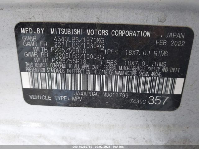 JA4APUAU1NU011799 Mitsubishi Outlander Sport 2.0 Be 2wd/2.0 Es 2wd/2.0 Le 2wd/2.0 S 2wd