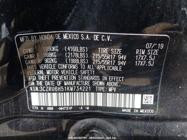 Honda HR-V EX 2019 3CZRU6H51KM734221 Image 9