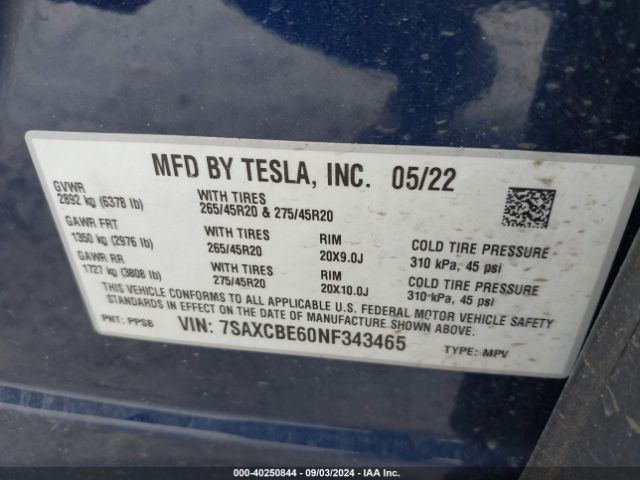 7SAXCBE60NF343465 Tesla Model X Plaid Tri Motor All-wheel Drive