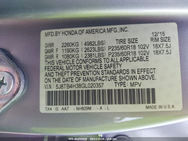 5J8TB4H38GL020357 Acura Rdx Acurawatch Plus Package