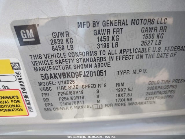 5GAKVBKD9FJ201051 Buick Enclave Leather