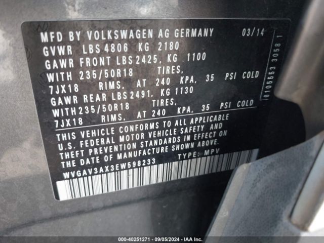 WVGAV3AX3EW598233 Volkswagen TIGUAN SE