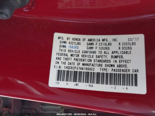 1HGCR2F57HA196852 Honda Accord Sport