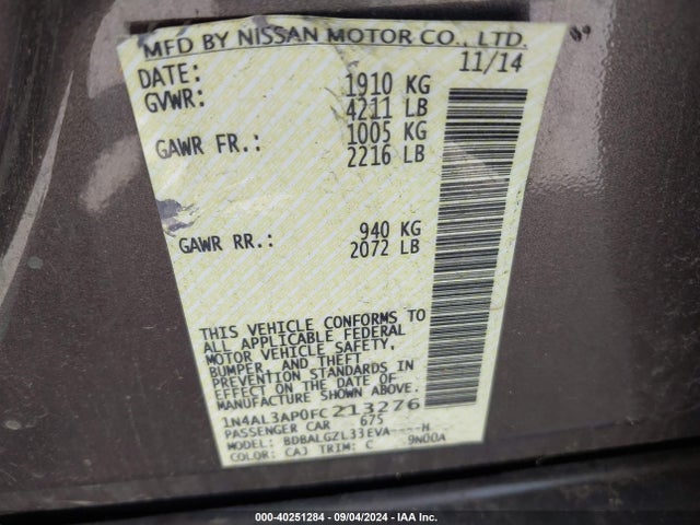 Nissan Altima 2.5 S 2015 1N4AL3AP0FC213276 Image 9