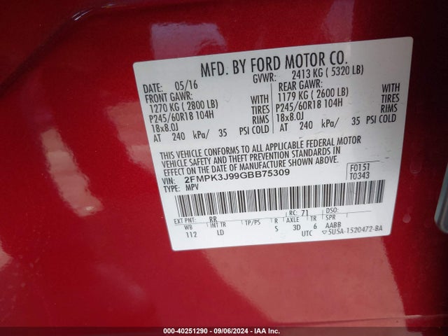 Ford EDGE SEL 2016 2FMPK3J99GBB75309 Image 9