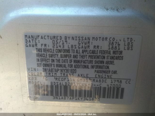 3N1AB7AP1KY361820 Nissan SENTRA SV