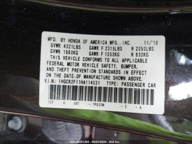 1HGCR2F11HA114031 Honda Accord Sport Se