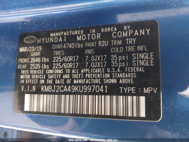 Hyundai TUCSON SE 2019 KM8J2CA49KU997041 Image 9