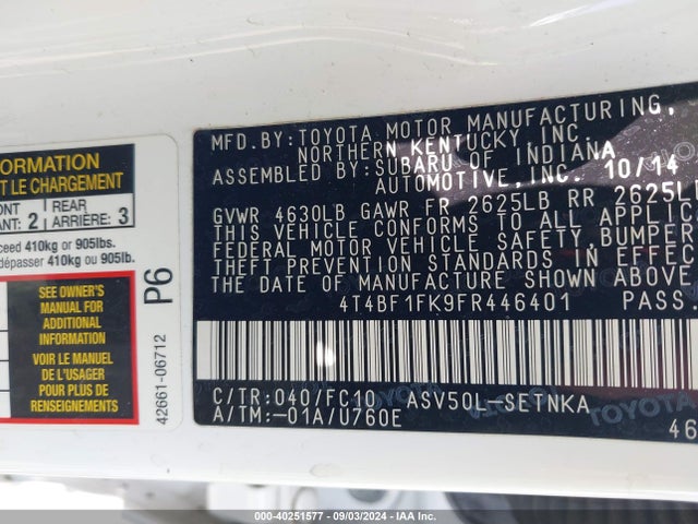 Toyota CAMRY LE 2015 4T4BF1FK9FR446401 Image 9
