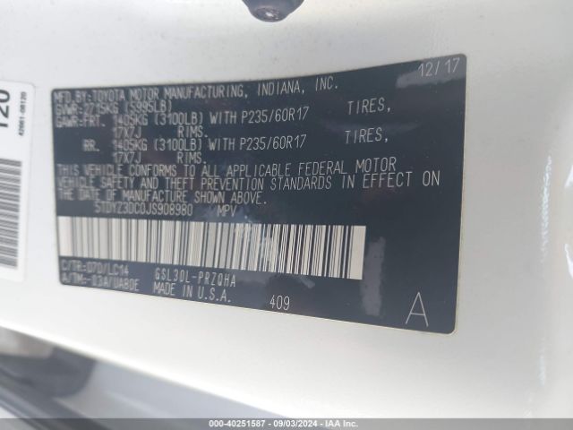 5TDYZ3DC0JS908980 Toyota Sienna Xle 8 Passenger