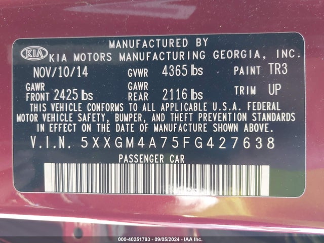 KIA Optima Lx 2015 5XXGM4A75FG427638 Image 9