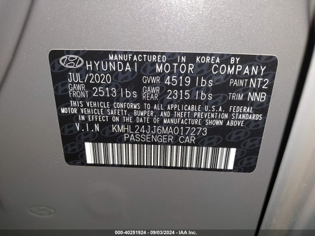 Hyundai Sonata Blue 2021 KMHL24JJ6MA017273 Image 9