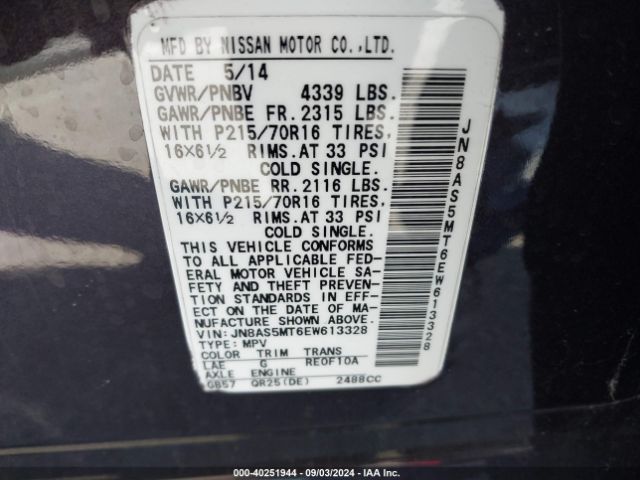 JN8AS5MT6EW613328 Nissan Rogue Select S
