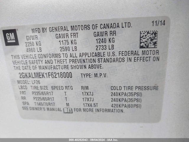 GMC Terrain Sle-1 2015 2GKALMEK1F6218000 Image 9