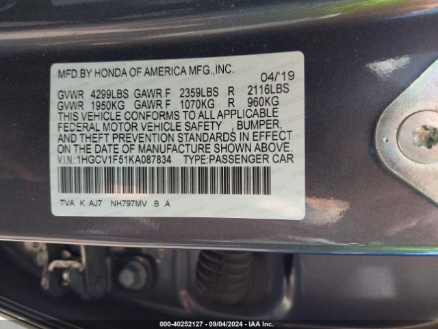 1HGCV1F51KA087834 Honda Accord Ex-l