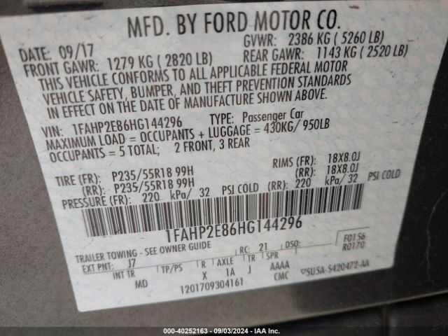 1FAHP2E86HG144296 Ford TAURUS SEL