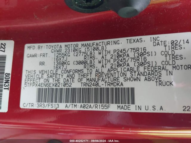 5TFPX4EN6EX021052 Toyota Tacoma