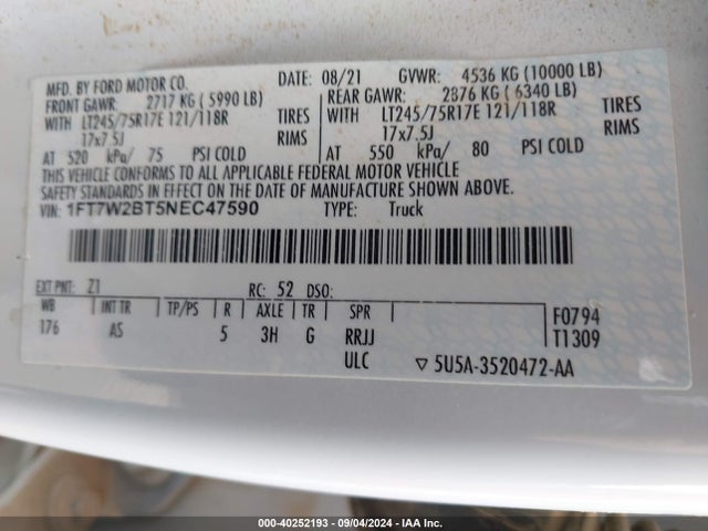 Ford F-250 Xl 2022 1FT7W2BT5NEC47590 Image 9