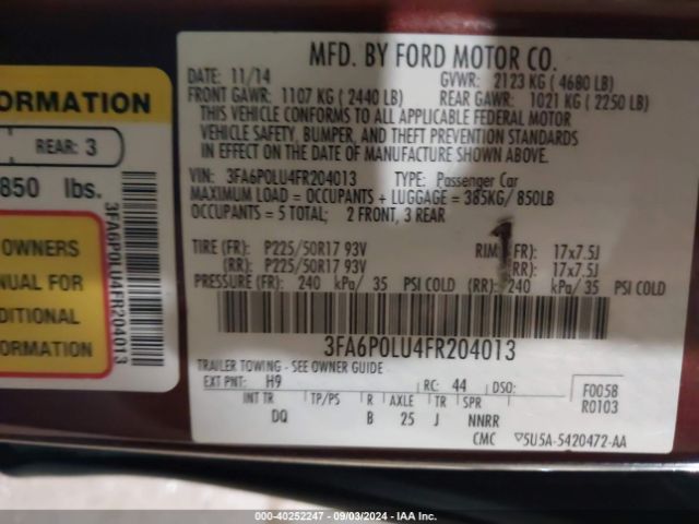 3FA6P0LU4FR204013 Ford Fusion Hybrid Se