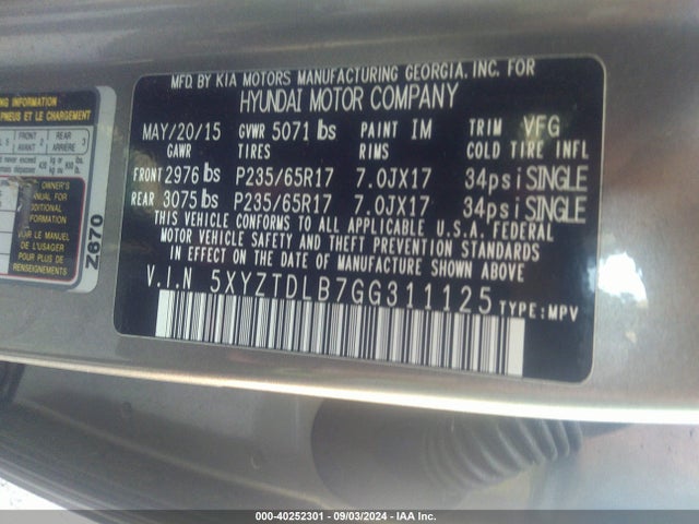5XYZTDLB7GG311125 Hyundai Santa Fe Sport 2.4l