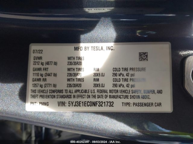 5YJ3E1EC0NF321732 Tesla Model 3 Performance Dual Motor All-wheel Drive
