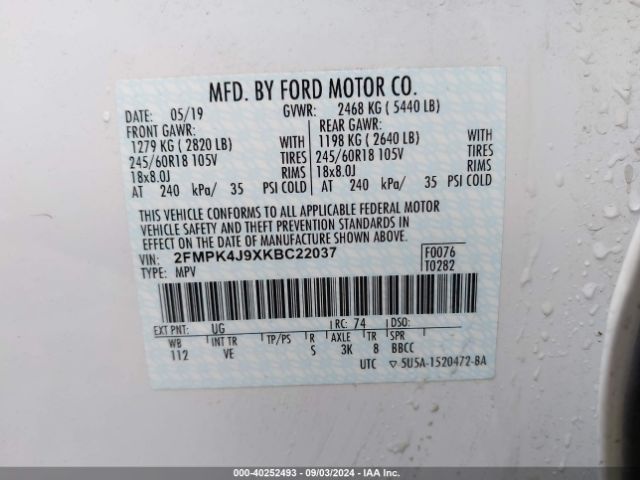 2019 FORD EDGE 2FMPK4J9XKBC22037 Photo 8