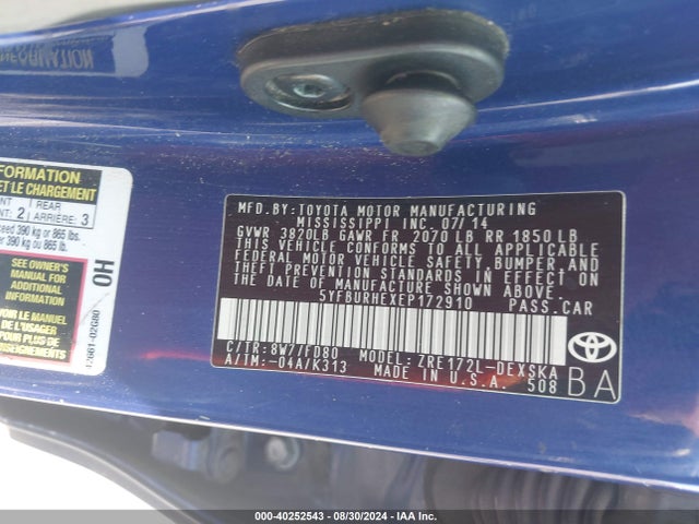 Toyota Corolla S Plus 2014 5YFBURHEXEP172910 Image 9