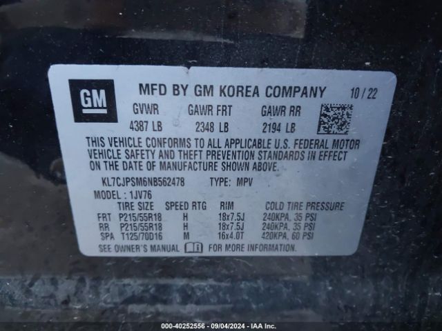 KL7CJPSM6NB562478 Chevrolet Trax Awd Lt
