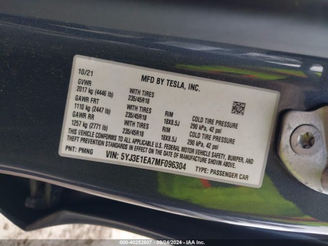 5YJ3E1EA7MF096304 Tesla Model 3 Standard Range Plus Rear-wheel Drive