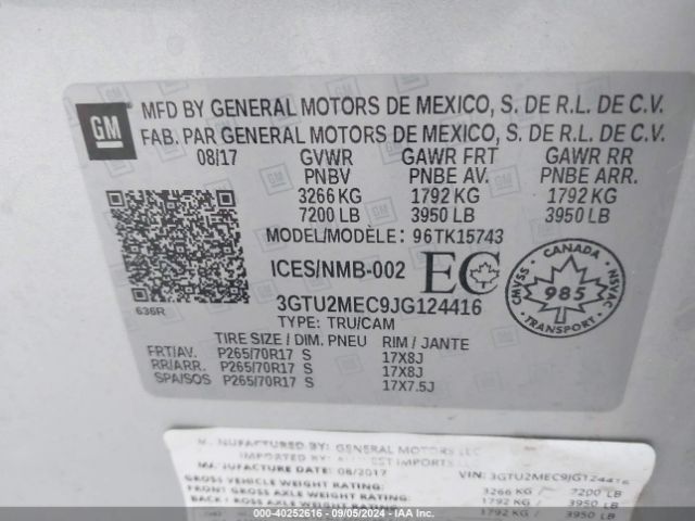 3GTU2MEC9JG124416 GMC Sierra 1500 Sle